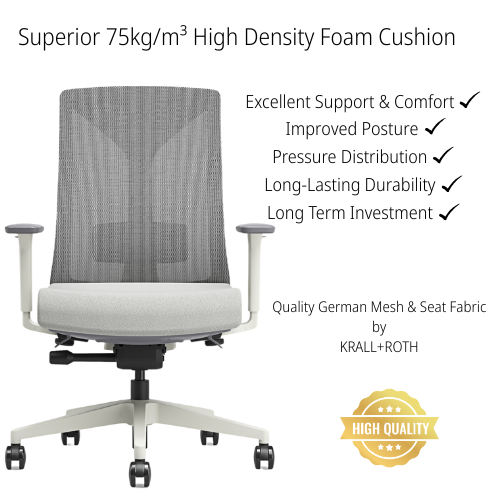 Ergonomic office chair with grey mesh backrest, white frame and cushioned seat. The image highlights adjustable features with labeled callouts:, adjustable lumbar support, 3D adjustable armrests and seat slide function.